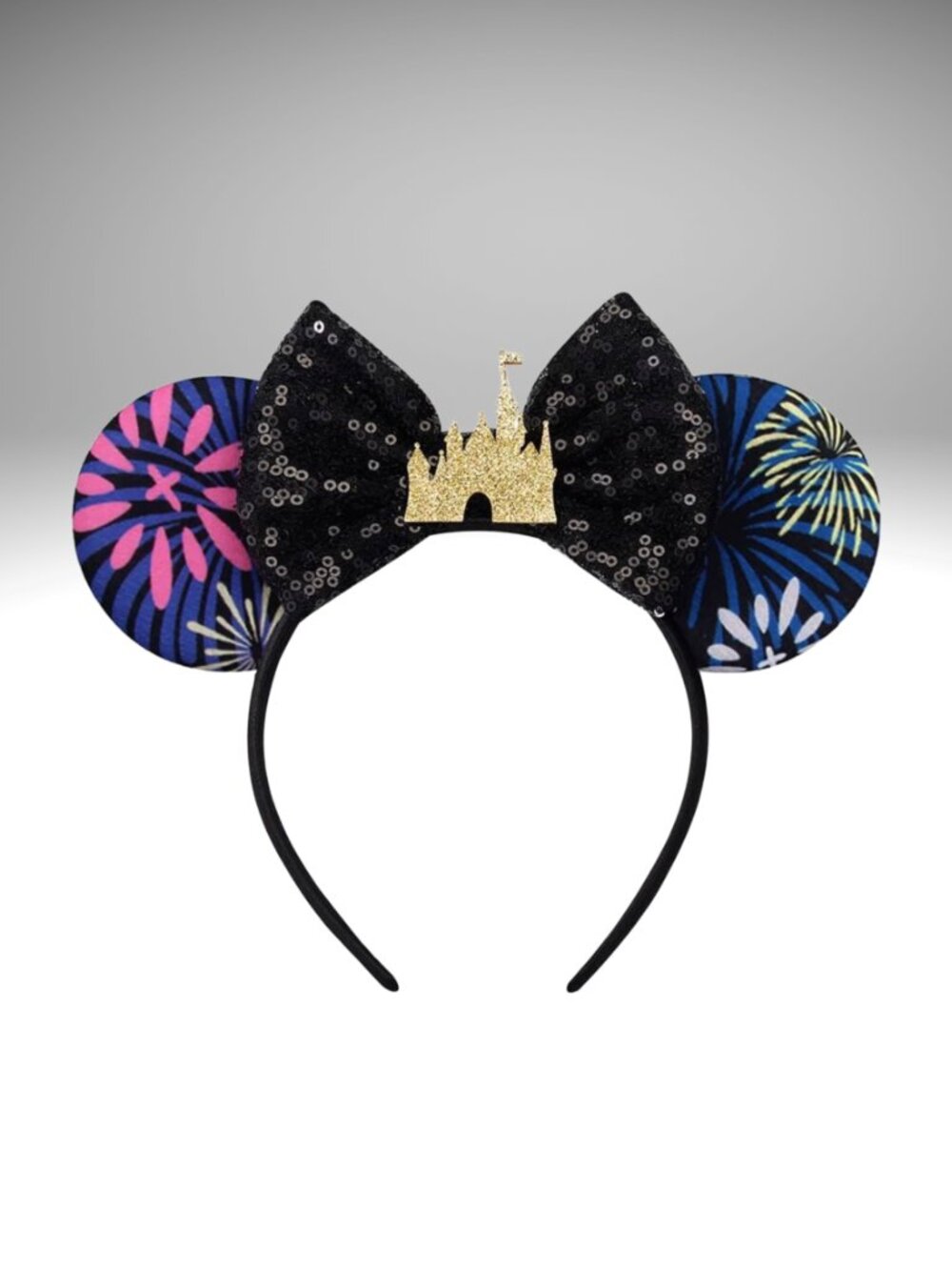 Minnie Mouse Ears Headband Black Sequin Castle Bow (SKU: 123MI)